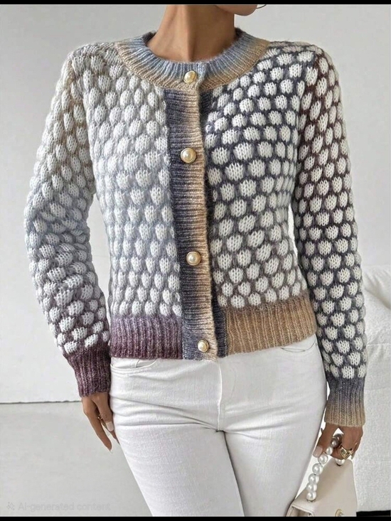 The Unbranded Brand Sweaters - Multi-Tone Bubble Knit Cardigan Sweater - Pearl Button Detail